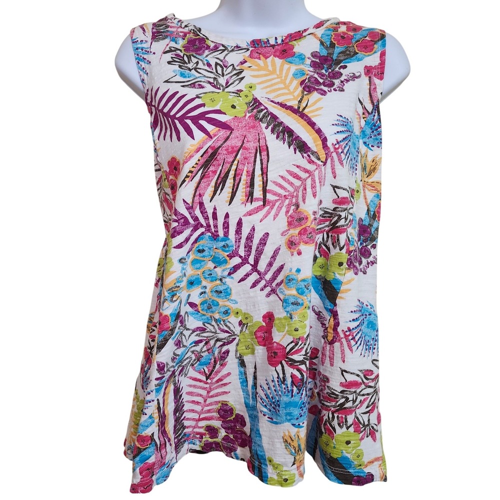 Fresh Produce Tropical Leaf Print Sleeveless Keyhole Top Women Med Made in USA